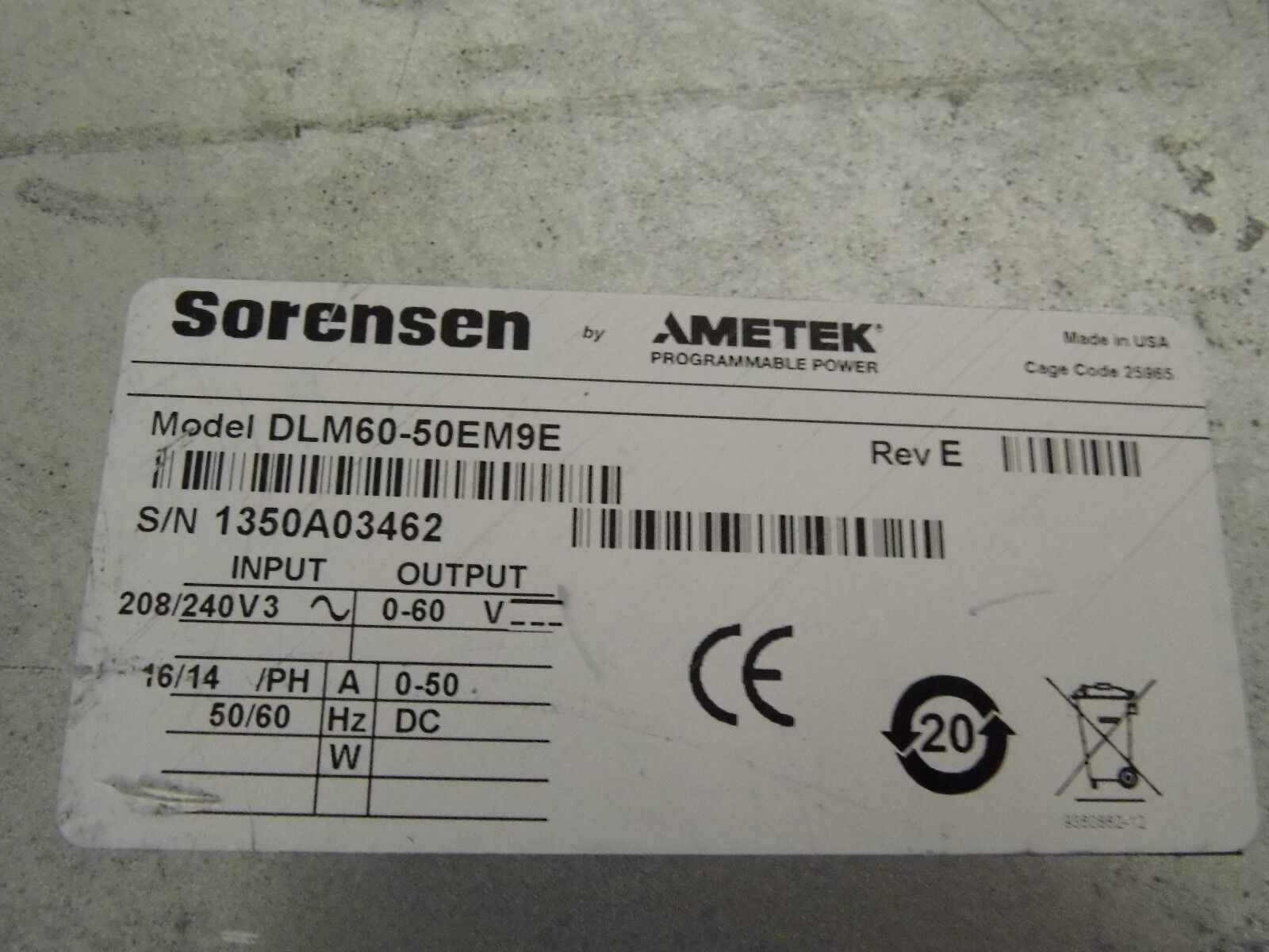 Sorensen DLM60-50E M9E, NIST calibrated ** WARRANTY, 4 in stock Sorensen DLM60-50E M9E, NIST calibrated ** WARRANTY, 4 in stock
